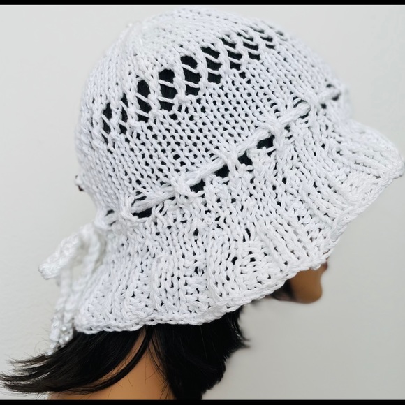 Hand Knits 2 Love White Cotton Brim Hat Cap Lace Pearls White Designer Lace Chic - Picture 6 of 9